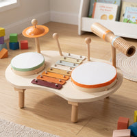 Music Table with Mallets Natural Wood Musical Instrument Set Wooden Activity Table Safe Toy Drum Set Screen-Free for Toddlers