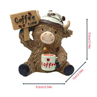 Coffee Theme Cow Sculpture Hand-Painted Look Resin Cattle Figure for Office Desk