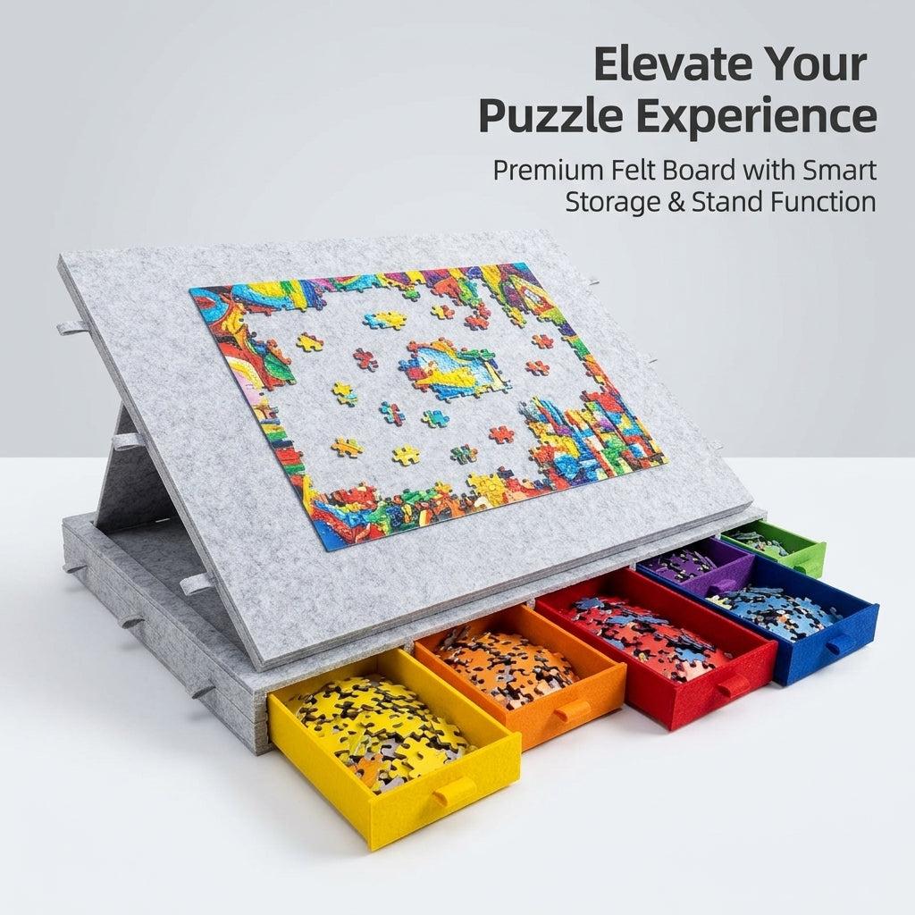 Portable Puzzle Table with Drawers for Adults and Home Use, Foldable Tilting Stand for Indoor Puzzling, Felt Surface with Storage