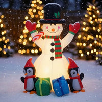 Outdoor Snowman with Penguins Inflatable Colorful Snowman with Top Hat Inflatable Easy Setup Sturdy for Garden, Lawn
