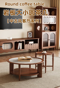 中古风实木圆茶几岩板小户型新款家用客厅樱桃色黑色大小圆茶几 樱桃色小圆几 组装