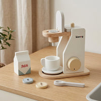 Kids Wooden Coffee Maker Toy Children's Toy Coffee Machine with Accessories Minimalist Pretend Kitchen Appliance with Accessories Smooth for Toddlers, Playroom