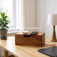 Solid Wood Cable Organizer Box, Pine, Flip-Top, for Desk and Wardrobe