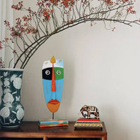 Tribal Symbol Figure Unique Gift Abstract Face Decor Hand Painted Wooden Face Carving Sculpture for Living Room
