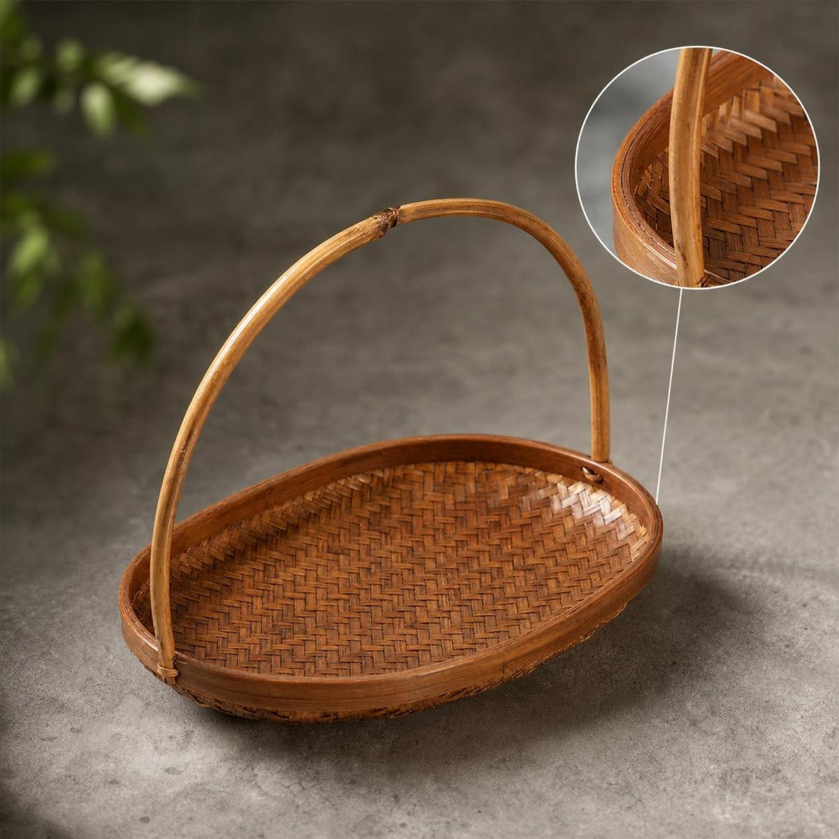 Bamboo Basket with Handle Handwoven Bamboo Basket Tray for Hosts, Tea Service, Tabletop Display