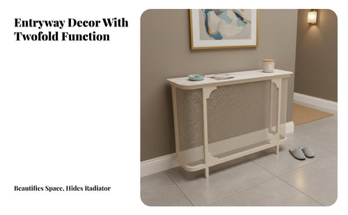 Sintered Stone Top Mesh Front Entryway Cabinet Space-Saving Console Table Elegant Design Heater Cover Minimalist Aesthetic for Apartment Dwellers, Homeowners, Interior Decorators, Hallway, Living Room, Bedroom