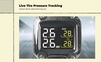 Motorcycle Tire Pressure tracking System, cordless TPMS, instant pressure and temperature alerts, waterproof, universal fit, easy installation
