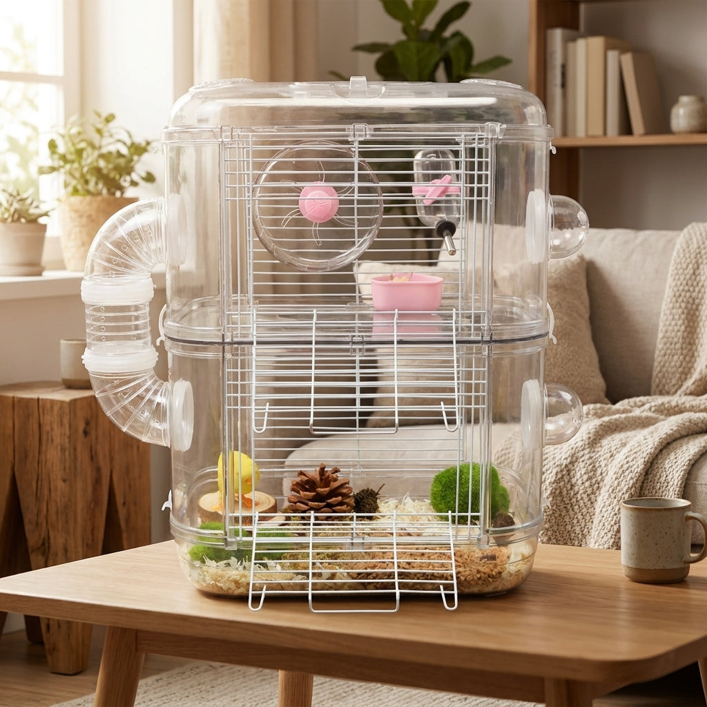 Large Hamster Cage with Square Shape, Multi-level Villa with Accessories and Exercise Wheel, Easy Clean Syrian Habitat for Indoor All Seasons Use