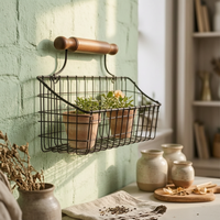 Wire Basket with Wooden Handle Black Metal Storage Bin Rustic Bin for Balcony