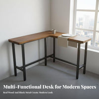 L-Shaped Bar Table Minimalist Design Corner High Desk Modern Design Solid Wood Balcony Table for Couples, Adults, Living Room, Kitchen