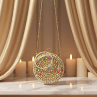 Wrist Strap Beaded Round Clutch Luxurious Rhinestone Evening Clutch Handmade for Wedding