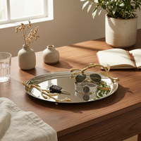 Stainless Steel Tray with Gilded Branch Accents Shallow Mirrored Metal Tray Metal Serving Platter for Homeowners, Entryway, Coffee Table
