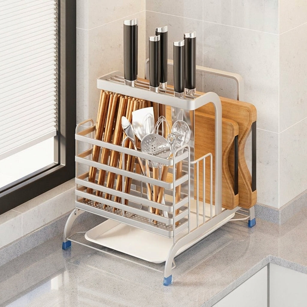 304 Stainless Steel Utensil Holder, Kitchen Organizer for Countertop, Multi-functional Space Saving Rack with Pot Lid & Chopstick Holder