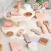 Wooden Dessert Stand Toy Rounded Edges Dessert Stand Playset Printed Details Pretend Tea Time Set for Children