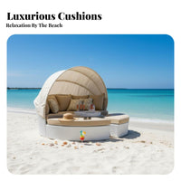 Wicker Weave Design Round sunshade Daybed Weather Resistant Round Daybed with sunshade Comfortable paddings Outdoor Furniture Sturdy Construction for Hotel Owners, Party Hosts, Garden, waterside, Terrace, rearyard