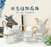田园风椭圆形铁皮花盆麻绳把手绿植桌面花盆多肉植物复古做旧花器