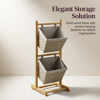 Baskets with Wooden, Storage Organiser for Home Decluttering, Tiered Storage Shelf for Apartment, En - Image 2