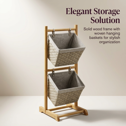 Baskets with Wooden, Storage Organiser for Home Decluttering, Tiered Storage Shelf for Apartment, En - Image 2