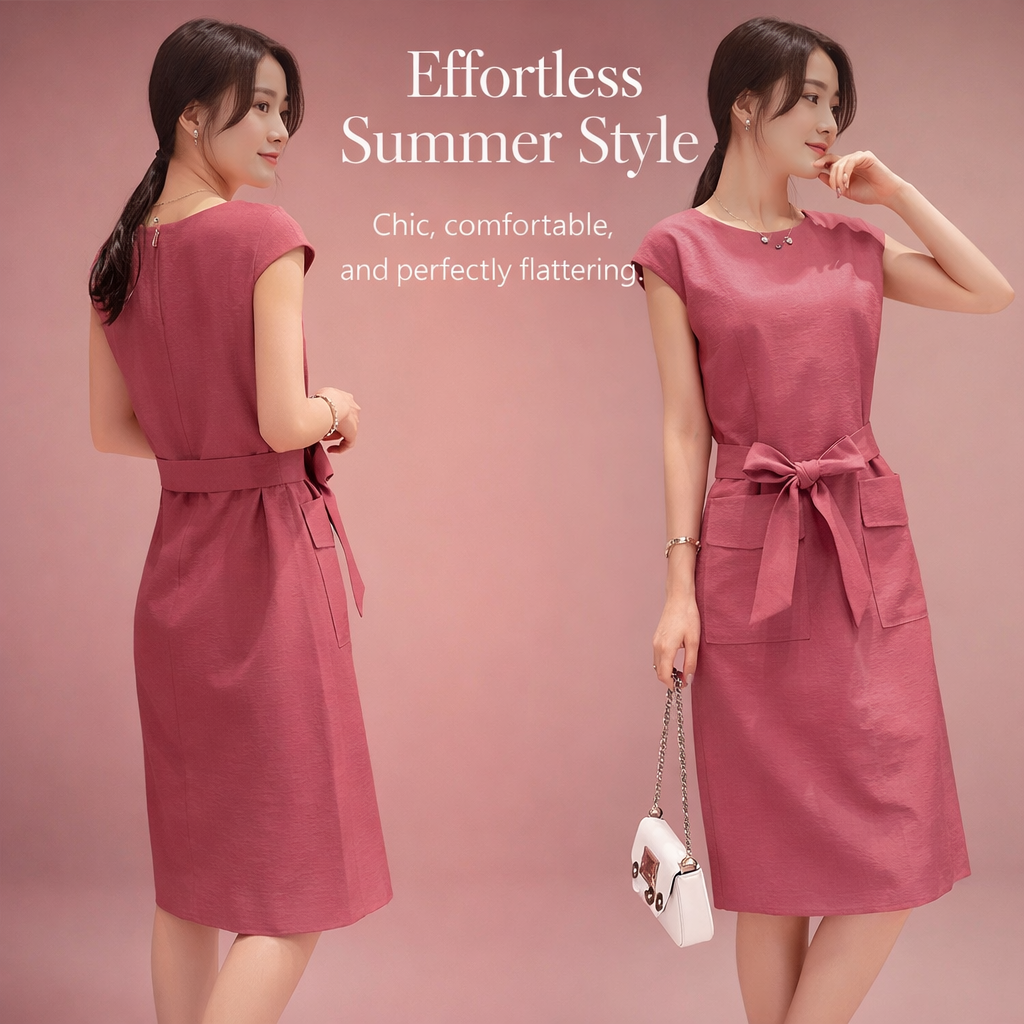 Ladies Summer Dresses for Women, Sleeveless Midi Style Linen Beach Wear with Round Neckline and Tie Detail, Flared Casual Outfit