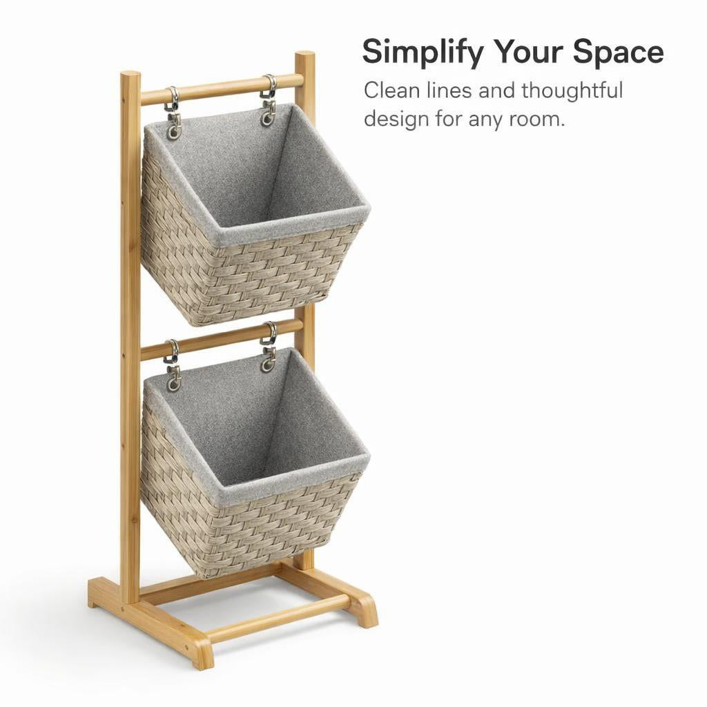 Baskets with Wooden, Storage Organiser for Home Decluttering, Tiered Storage Shelf for Apartment, Entryway Storage Shelf with Baskets