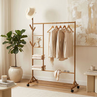 Mobile Bamboo Coat Rack with Wheels for Bedroom or Cloakroom