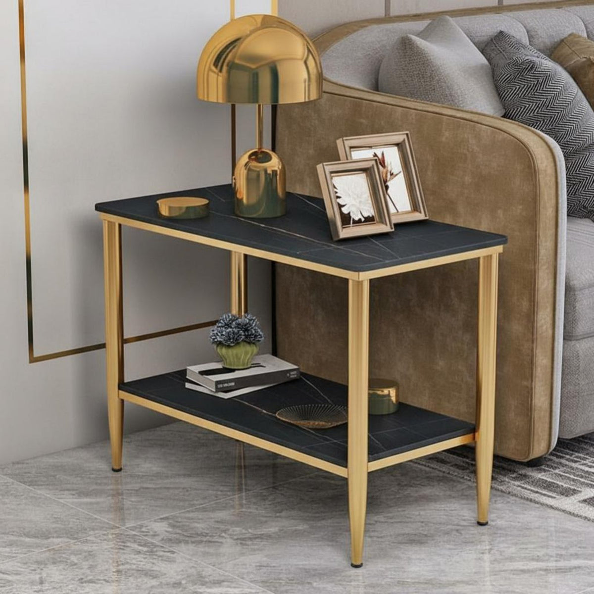 2-Tier End Table Sintered Stone Top levelTier Side Table Space-Saving Size Sturdy Construction for Apartment Dwellers