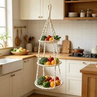 Three Tier Hanging Basket Decorative Cotton Rope Fruit Basket Large Capacity