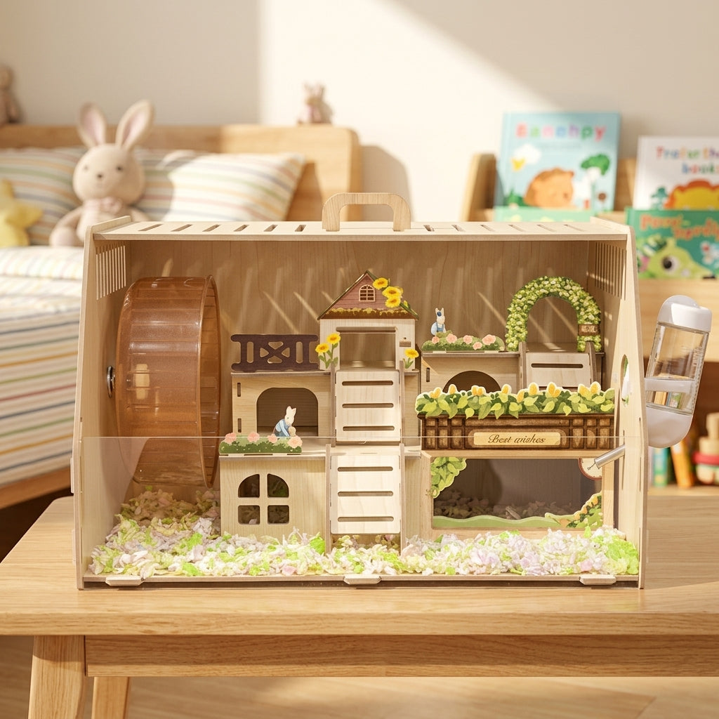 Large Hamster Cage, Acrylic Hamster Villa with built-in Wheel, Wood and deluxe habitat for Syrian Hamsters and Gerbils, Openable Top Lid