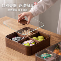 Black Walnut Wood New Chinese Style Fruit Tray with Lid, Four-Compartment Dried Fruit and Candy Box