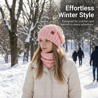 Women Beanie Hats for Winter Outdoor Warmth with Ear Protection, Knit Scarf Set in Acrylic for Cold Weather, Foldable 2-Piece Combo