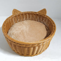 四季通用猫窝猫篮子 圆形塑编猫耳朵筐 保暖垫子半封闭宠物篮