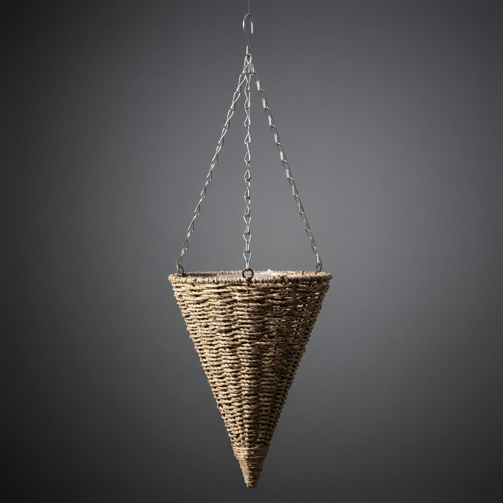 Hanging Basket Set of 3 for Plant Pot Display, Woven Basket with Chain for Hanging Plant, Cone Shape Wall Planter, Rustic Garden Decoration