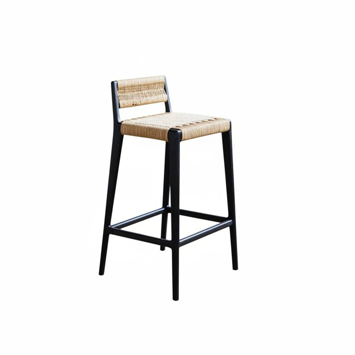 Rope Weave High Stool sturdy Wood Frame Woven Seat High Stool With Backrest Built-in Footrest for homeowners, Kitchen Island