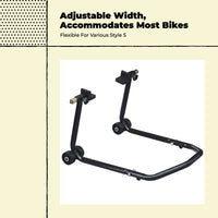 Steel stand lifts motorcycle wheels.