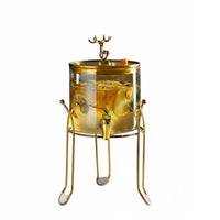 Glass Drink Dispenser with Tap and Gilded Metal Stand, Creative Design Glass Water and Iced Tea Gathering Dispenser, Large Capacity Beverage Server