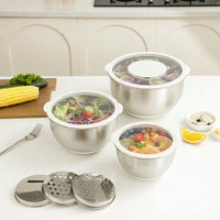 Stainless Steel Bowl Set of 3 with Graters, 304 Mixing Bowl for Meal Prep, Salad Serving Bowl with Transparent Center Lids and Non-Slip Bottom