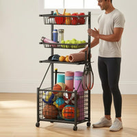 Sports Gear Organizer Storage Unit Carbon Steel Rolling Sports Rack Three-Tier Storage Rack Tall Ball Storage Storage Unit