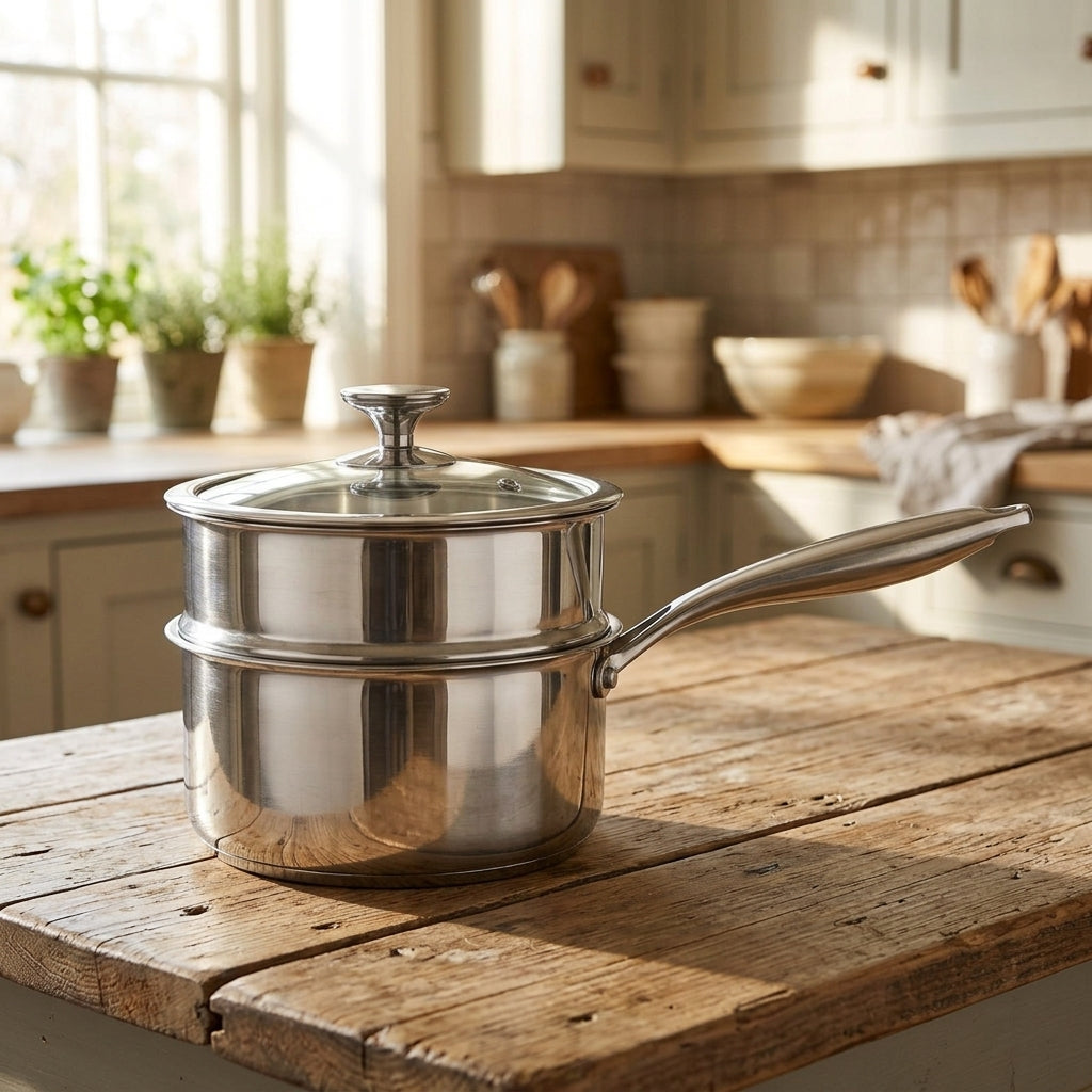 Induction Hob Milk Pan with Steamer for Baby Food, Stainless Steel Pot with Glass Lid for Electric Hobs, Small Saucepan, Noodle and Soup Pot