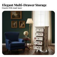 Artistic Design Hand-Painted Floral chest of drawers Distressed Finish Multi-Drawer Accent Chest Vintage Inspired Storage Furniture Sturdy and Stable for Art Lovers, Interior Decorators, Living Room, Bedroom, Entryway, Hallway