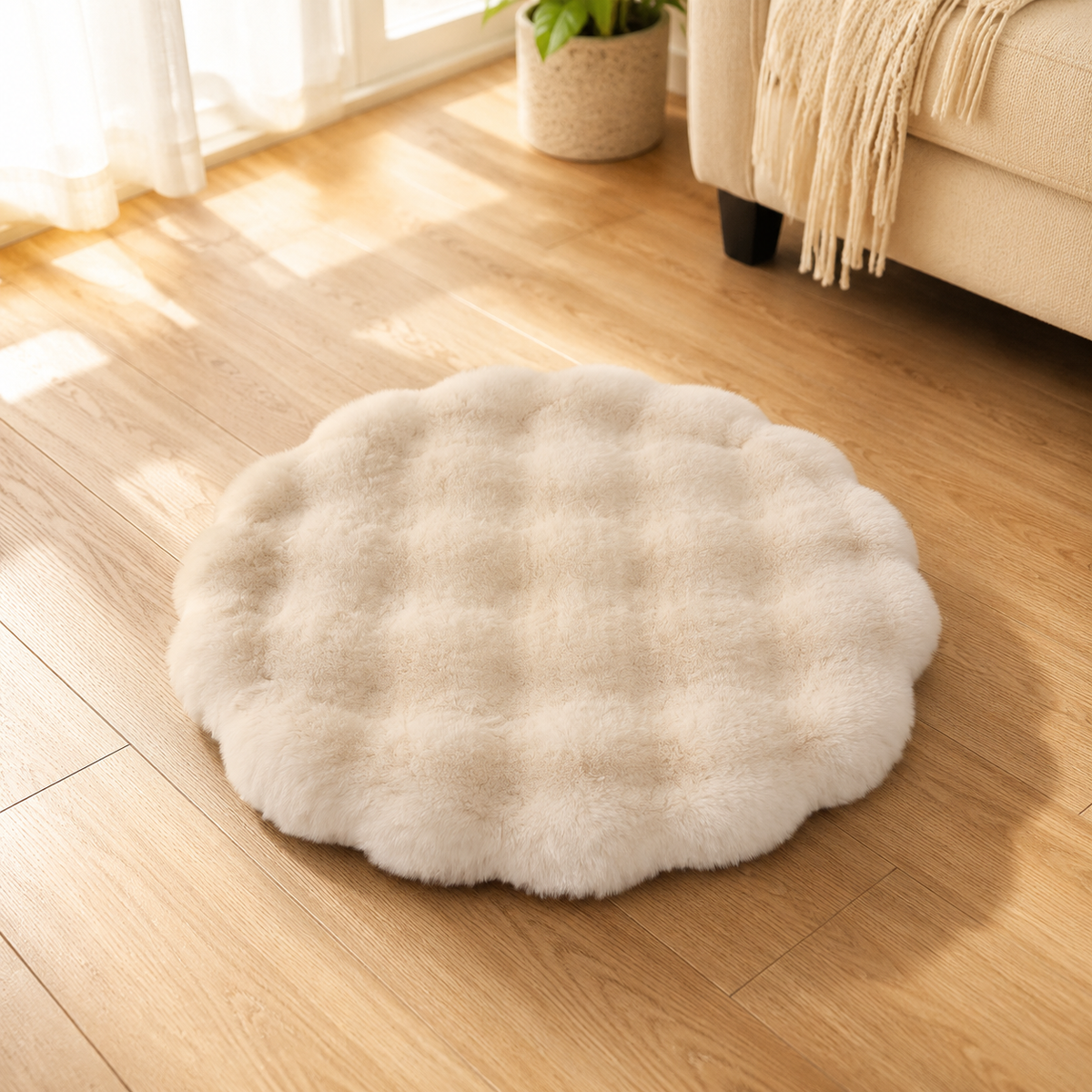 Pet Mat For Dogs Fluffy Warm Indoor Round Off-White Bubble Velvet