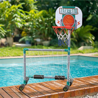 Freestanding Pool Basketball Hoop Set Compact Pool Goal with Soccer Net Portable Floating Basketball Hoop Sturdy for Backyard