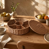 Woven Snack Basket with Lid Divided Compartments Woven Fruit Basket Handwoven Rattan Fruit Tray for Tabletop