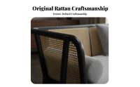 Nordic Design 3-Seater Cane Armrest Settee Hand-Woven Curved rear Cane Loveseat Minimalist appearance Rattan Sofa Comfortable pads for Hotel Owners, Guesthouse managers, Living Room, Lounge Area, Sunroom, Apartment
