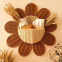Woven Rattan Storage Basket Multi-Functional Flower Shaped Wall Basket Easy to Clean Yellow Blossom Hanging Planter for Bedroom