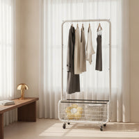 Floor-Standing Clothes Rack with Basket Space-Saving Rolling Clothes Rack Stable Furniture Heavy-Duty for Entryway, Boutique