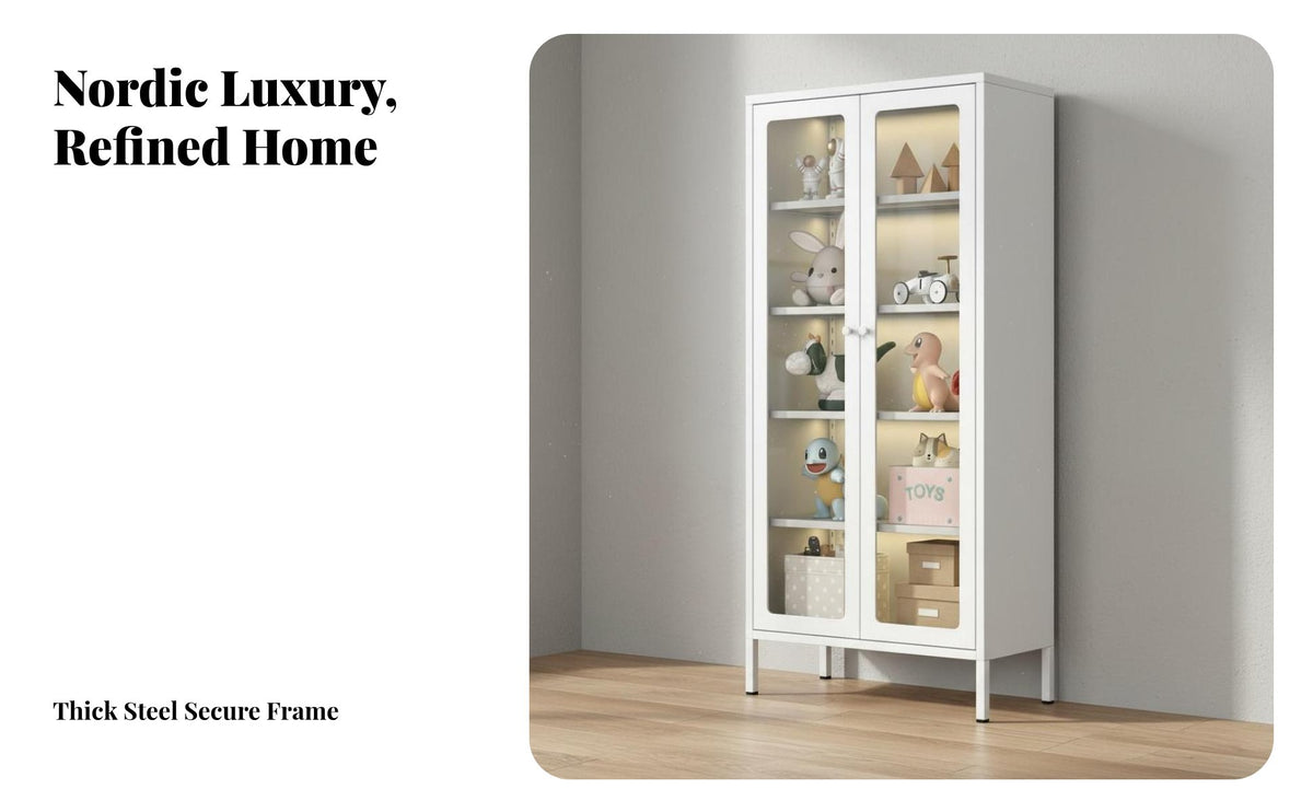 Light Luxury Design Glass Door Bookcase Dust-Proof Metal Glass Door Cabinet High Load Capacity Collectible Display Case Adjustable Shelves for Collectors, Book Lovers, Office Professionals, Living Room, Study, Small Apartment, Bedroom
