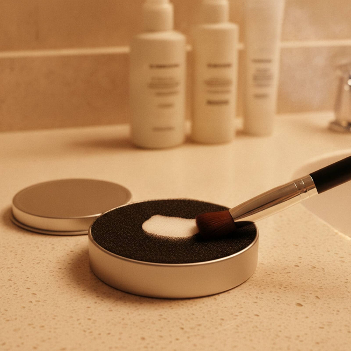 Compact Brush Cleaning Tin with Sponge Portable Scrubbing Sponge Travel-Size Container Easy to Clean for Travelers