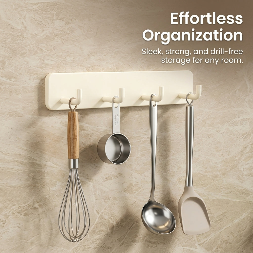 Spoon Holder and Kitchen Utensil Hanging Rail for Pantry, Carbon Steel Wall Mounted Rack with No-Drill Setup