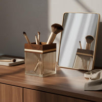 Acrylic Makeup Brush Holder Multi-Functional Square Vanity Brush Cup Elegant Design Walnut Wood Cosmetic Organizer for Office Desk, Washroom Counter