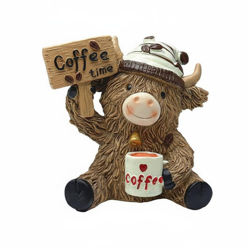 Coffee Theme Cow Sculpture Hand-Painted Look Resin Cattle Figure for Office Desk